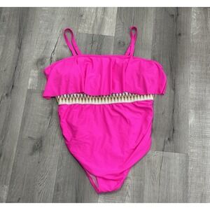 NWOT Women's Hot Pink One Piece Swimsuit Size 4X Ruffle Top Chevron Embroidery
